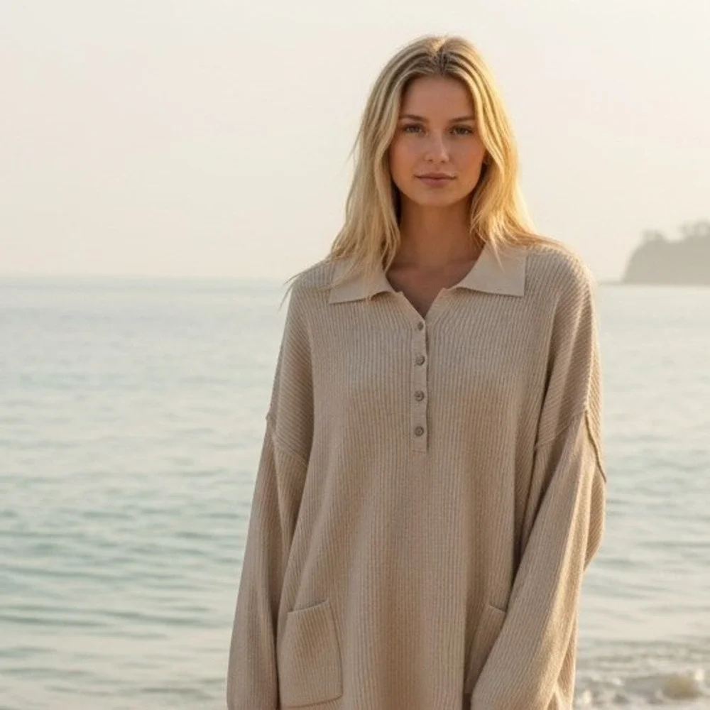 Free People Beach Linen Cotton Knit Romper Cream Long Sleeve Collared Large NWT